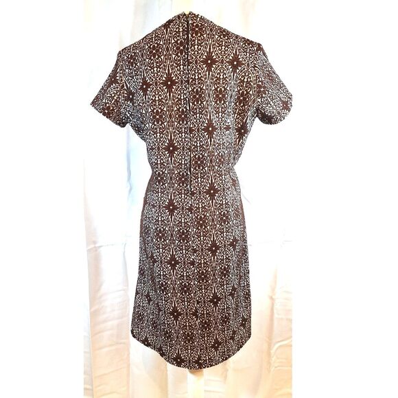 1960s 70s Vintage Brown & White Dress Double Knit Front Tie - Picture 8 of 14